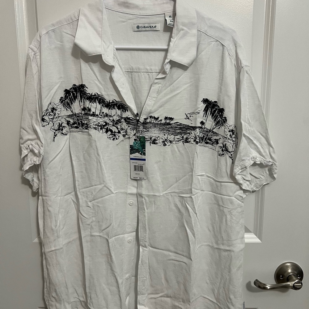 Cubavera White Casual Button Down Shirt with Nature Design
